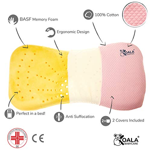 Cojín Ortopédico para bebe 0-36 Meses Plagiocefalia desenfundable por la cama (con dos cobertores) para prevenir y curar la Cabeza plana in Memory Foam Antiasfixia - KoalaBabycare® - Rosa - Maxi