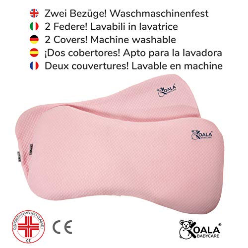 Cojín Ortopédico para bebe 0-36 Meses Plagiocefalia desenfundable por la cama (con dos cobertores) para prevenir y curar la Cabeza plana in Memory Foam Antiasfixia - KoalaBabycare® - Rosa - Maxi