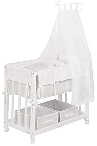 Cuna de colecho roba 4 en 1, con vestiduras 'Fox & Bunny', utilizable como cuna de colecho, cuna balancin, cuna normal y banco para niños, fabricada en madera lacada en blanco y con vestiduras completas, y ropa de cuna de (80x80cm)