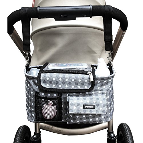 Damero Almacenamiento para Colgar al Cochecito con Tapa Impermeable Bolsa de ordenador para Bebé Mochila de Mamá con Bolsillo de Teléfono para Guardar Accesorio de Bébe (Gray dots-Nueva Versión)