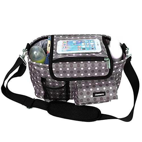 Damero Almacenamiento para Colgar al Cochecito con Tapa Impermeable Bolsa de ordenador para Bebé Mochila de Mamá con Bolsillo de Teléfono para Guardar Accesorio de Bébe (Gray dots-Nueva Versión)