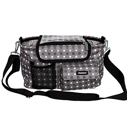 Damero Almacenamiento para Colgar al Cochecito con Tapa Impermeable Bolsa de ordenador para Bebé Mochila de Mamá con Bolsillo de Teléfono para Guardar Accesorio de Bébe (Gray dots-Nueva Versión)