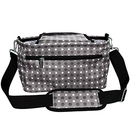 Damero Almacenamiento para Colgar al Cochecito con Tapa Impermeable Bolsa de ordenador para Bebé Mochila de Mamá con Bolsillo de Teléfono para Guardar Accesorio de Bébe (Gray dots-Nueva Versión)