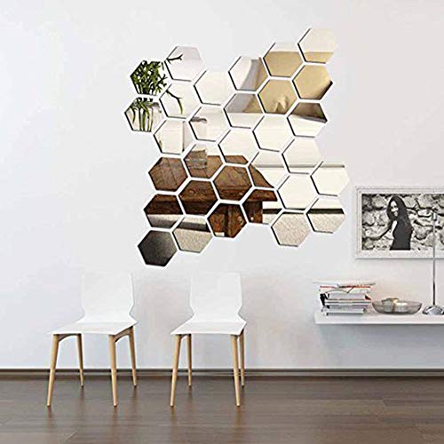 DDG edmms adhesivo decorativo para pared espejo Hexagonal, 12 pcs 9 cm extraíble adhesivo decorativo para pared espejo acrílico dormitorio salón de decoración de la casa (9 cm, Plata) h