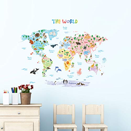 Decowall DAT-1615S Mapamundi Animales Vinilo Pegatinas Decorativas Adhesiva Pared Dormitorio Salón Guardería Habitación Infantiles Niños Bebés (Grande) (English Ver.)