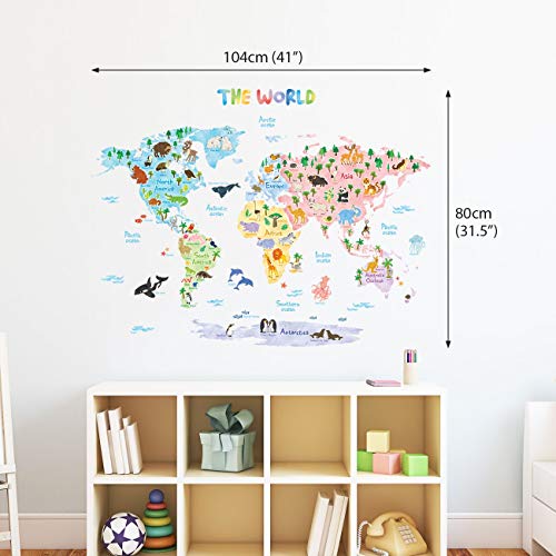 Decowall DAT-1615S Mapamundi Animales Vinilo Pegatinas Decorativas Adhesiva Pared Dormitorio Salón Guardería Habitación Infantiles Niños Bebés (Grande) (English Ver.)