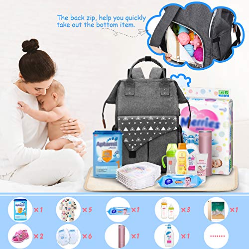 DOOKEY Mochilas para Pañales, Mochila de Pañales para Bebé, Mochila Carrito Bebe, Mochilas de Pañales de Gran Capacidad y Biberones - Gris, USB, Impermeable, Inferior Anti-Sucio ect.