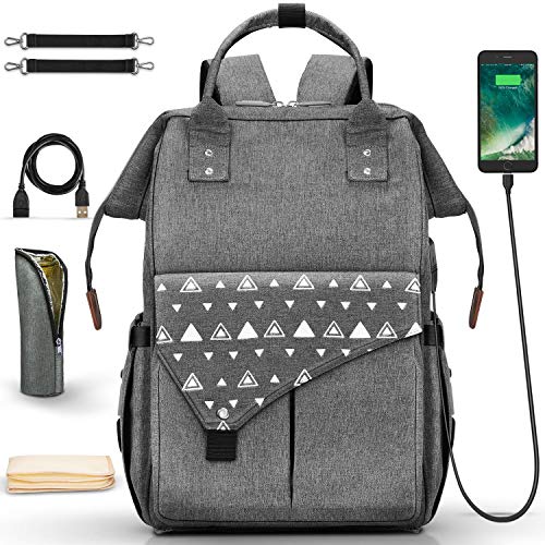 DOOKEY Mochilas para Pañales, Mochila de Pañales para Bebé, Mochila Carrito Bebe, Mochilas de Pañales de Gran Capacidad y Biberones - Gris, USB, Impermeable, Inferior Anti-Sucio ect.