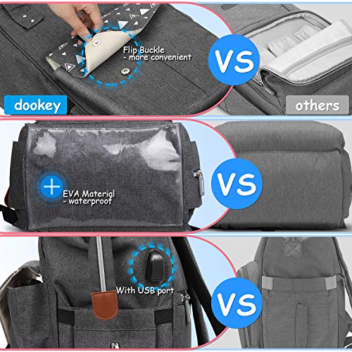 DOOKEY Mochilas para Pañales, Mochila de Pañales para Bebé, Mochila Carrito Bebe, Mochilas de Pañales de Gran Capacidad y Biberones - Gris, USB, Impermeable, Inferior Anti-Sucio ect.