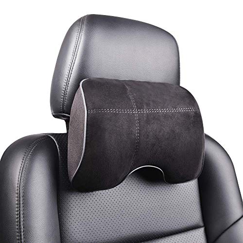 EASY EAGLE Cojín Reposacabezas Coche, Cuero de Gamuza + Espuma Memoria Almohada para Cuello para Asiento del Coche - Negro (1 Pieza)