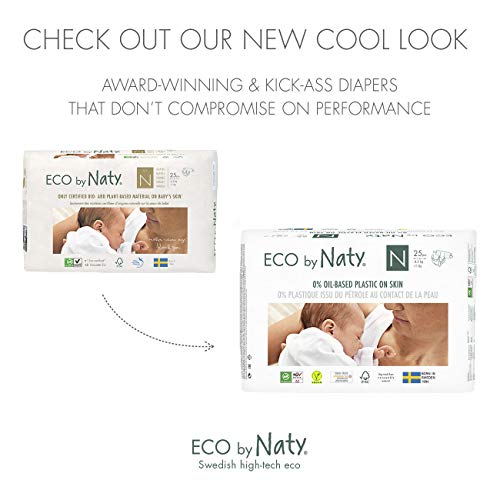 Eco by Naty Pañales, Recién Nacido, 100 unidades, -4.5 kg, suministro para UN MES, Pañal ecológico Premium hecho a base de fibras vegetales 0% plásticos derivados del petróleo en contacto con la piel