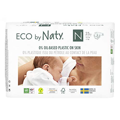 Eco by Naty Pañales, Recién Nacido, 100 unidades, -4.5 kg, suministro para UN MES, Pañal ecológico Premium hecho a base de fibras vegetales 0% plásticos derivados del petróleo en contacto con la piel