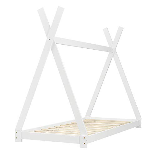 [en.casa] Cama para niños pequeños con colchón Cama Infantil - Estructura Tipi de Madera Pino 200x90cm Textil de Confianza Certificado Öko-Tex 100 Blanco Mate