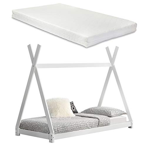 [en.casa] Cama para niños pequeños con colchón Cama Infantil - Estructura Tipi de Madera Pino 200x90cm Textil de Confianza Certificado Öko-Tex 100 Blanco Mate