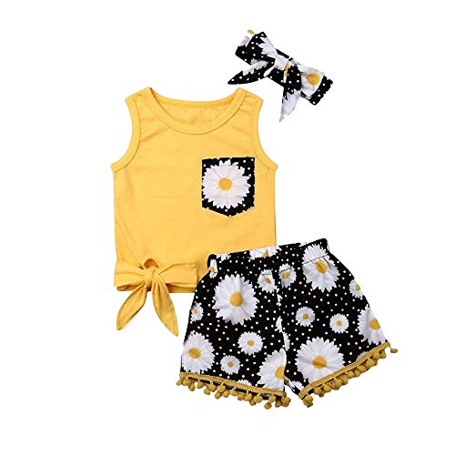 FELZ Ropa Bebe Niña Verano 2019 Ropa Bebe Recien Nacido Verano 3 Meses a 4 Años - 3PC/Conjunto - Amarillo Camiseta Mangas Cortos+ Pantalones/Falda + Banda de Pelo Original Fiesta Bebe Reborn niña