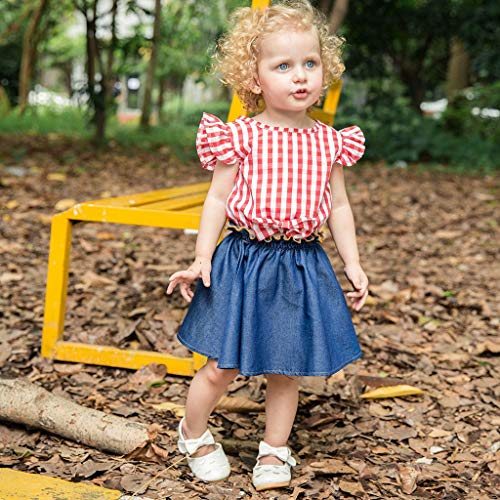 Fossen 6 Meses a 4 años Ropa Bebe Niña Verano - Camiseta con Volantes a Cuadros y Falda de Vaquera (12-18 Meses, Rojo)