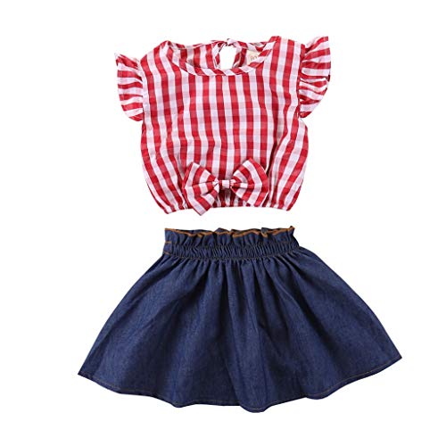 Fossen 6 Meses a 4 años Ropa Bebe Niña Verano - Camiseta con Volantes a Cuadros y Falda de Vaquera (12-18 Meses, Rojo)