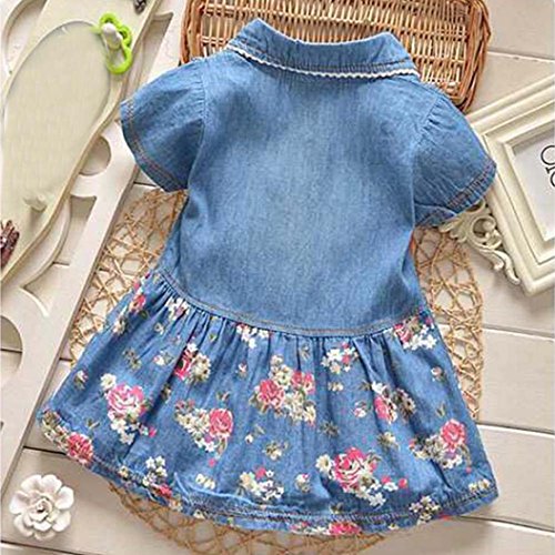 Fossen Bebe Niñas Vestido de Mezclilla Vestidos Mangas Cortas con Estampado Floral (6-12 Meses, Azul)