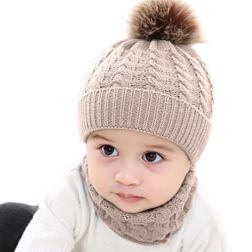 Fossen Invierno Bebe Gorros con Pompon Y Bufanda de Punto Cuello Redondo para 0-24 Meses Niña Niño (Khaki)