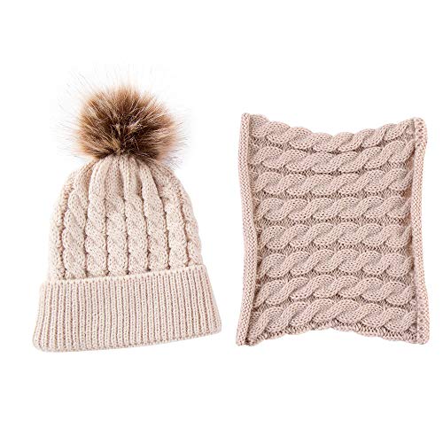 Fossen Invierno Bebe Gorros con Pompon Y Bufanda de Punto Cuello Redondo para 0-24 Meses Niña Niño (Khaki)