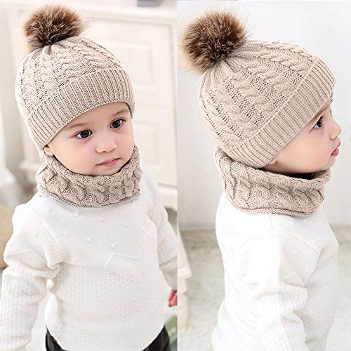 Fossen Invierno Bebe Gorros con Pompon Y Bufanda de Punto Cuello Redondo para 0-24 Meses Niña Niño (Khaki)