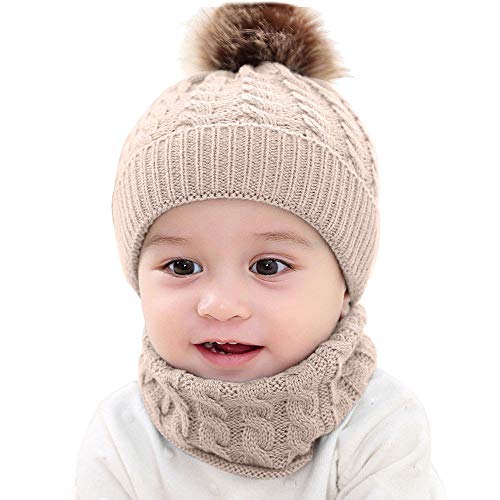 Fossen Invierno Bebe Gorros con Pompon Y Bufanda de Punto Cuello Redondo para 0-24 Meses Niña Niño (Khaki)