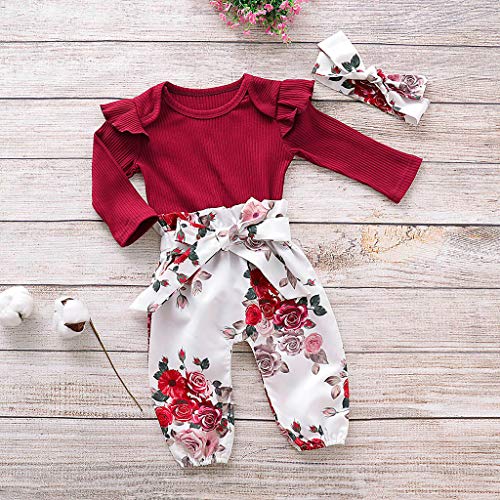 Fossen Kids Mono de Mameluco con Volantes para Bebés y Niñas Pequeñas + Pantalones Florales + Conjuntos de Diadema