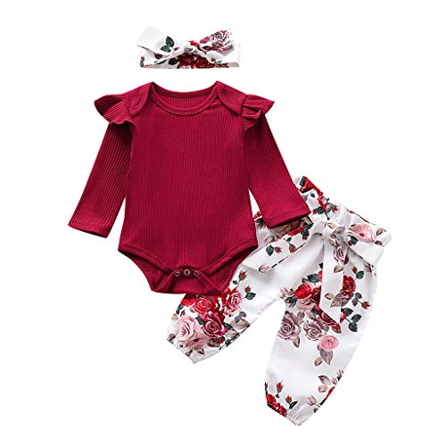 Fossen Kids Mono de Mameluco con Volantes para Bebés y Niñas Pequeñas + Pantalones Florales + Conjuntos de Diadema