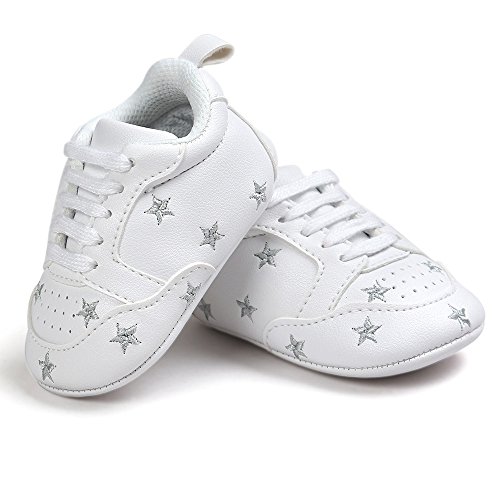 Fossen Recién nacido Bebe Zapatos Cuero artificial Zapatillas con Bordado Pentagram Suela Blanda Antideslizante Primeros pasos Para Bebé Niñas Niño (0-6 meses, Plateado)