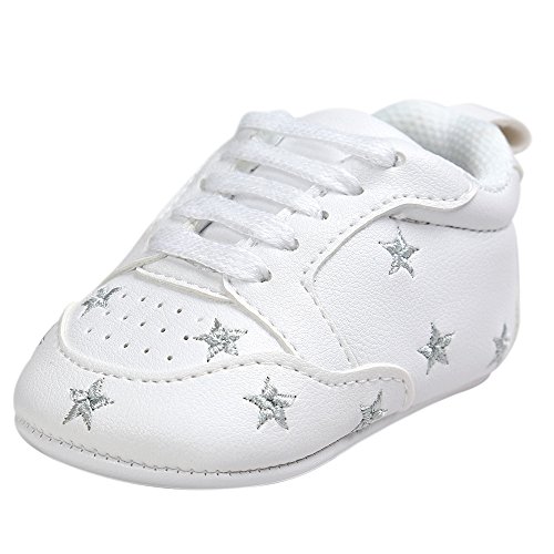 Fossen Recién nacido Bebe Zapatos Cuero artificial Zapatillas con Bordado Pentagram Suela Blanda Antideslizante Primeros pasos Para Bebé Niñas Niño (0-6 meses, Plateado)