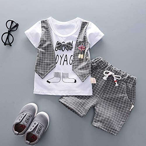 Fossen Ropa Bebe Niño Verano 2019 - Camiseta Manga Corta + Pantalones Cortos a Cuadros - para 0-3 Años Recien Nacido Bebé Conjunto de Dos Piezas (18-24 Meses, Gris)