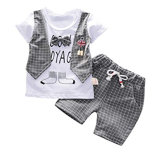 Fossen Ropa Bebe Niño Verano 2019 - Camiseta Manga Corta + Pantalones Cortos a Cuadros - para 0-3 Años Recien Nacido Bebé Conjunto de Dos Piezas (18-24 Meses, Gris)