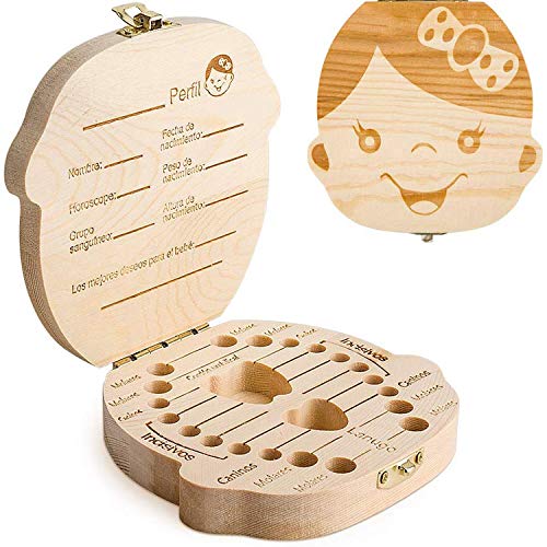 GeekerChip Bebé Dientes Caja(Niña),Caja de Madera para Guardar Dientes para Little Bebé [Versión Español]