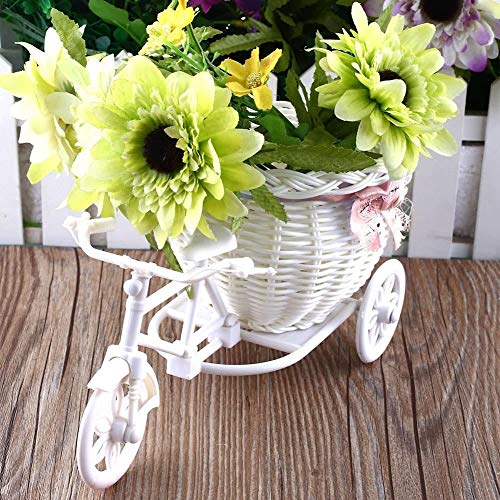 GVC Flor Plástico Blanco Triciclo Bicicleta Diseño Flor Cesta Contenedor para Flor Planta Inicio Bodas Decoraciones Florero 23 * 12.5 * 9 cm