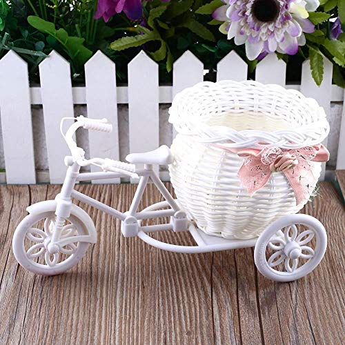 GVC Flor Plástico Blanco Triciclo Bicicleta Diseño Flor Cesta Contenedor para Flor Planta Inicio Bodas Decoraciones Florero 23 * 12.5 * 9 cm