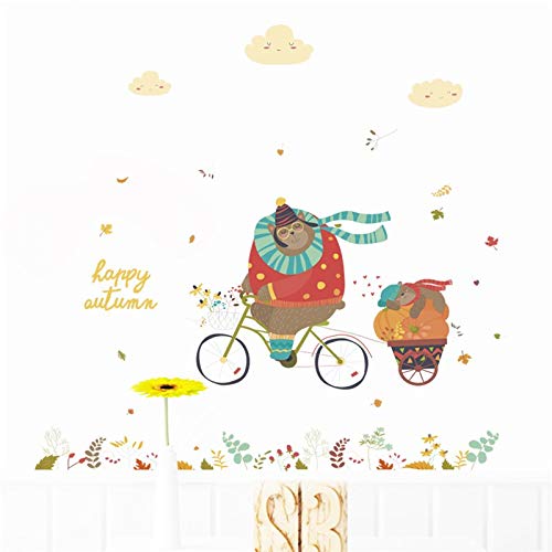 GVC otoño Oso Montando Bicicleta Pegatinas de Pared para Habitaciones de niños Decoraciones para el hogar Animales de Dibujos Animados Tatuajes de Pared PVC Mural Art DIY Carteles