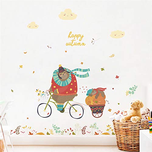 GVC otoño Oso Montando Bicicleta Pegatinas de Pared para Habitaciones de niños Decoraciones para el hogar Animales de Dibujos Animados Tatuajes de Pared PVC Mural Art DIY Carteles