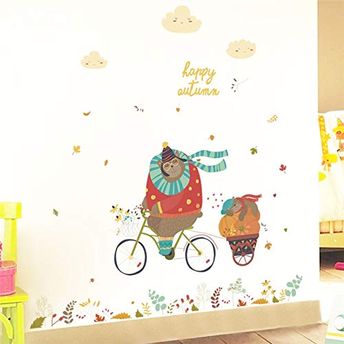 GVC otoño Oso Montando Bicicleta Pegatinas de Pared para Habitaciones de niños Decoraciones para el hogar Animales de Dibujos Animados Tatuajes de Pared PVC Mural Art DIY Carteles