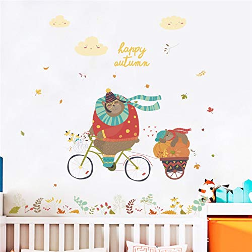 GVC otoño Oso Montando Bicicleta Pegatinas de Pared para Habitaciones de niños Decoraciones para el hogar Animales de Dibujos Animados Tatuajes de Pared PVC Mural Art DIY Carteles