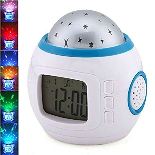 Hangang Despertador Infantil Dormir Reloj Cambio De Color Estrella Cielo Estrellas Música De Proyección Digital Reloj con Fondo Luz Nocturna Calendario Termómetro para Niños Niños