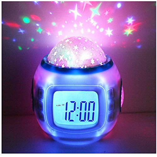 Hangang Despertador Infantil Dormir Reloj Cambio De Color Estrella Cielo Estrellas Música De Proyección Digital Reloj con Fondo Luz Nocturna Calendario Termómetro para Niños Niños