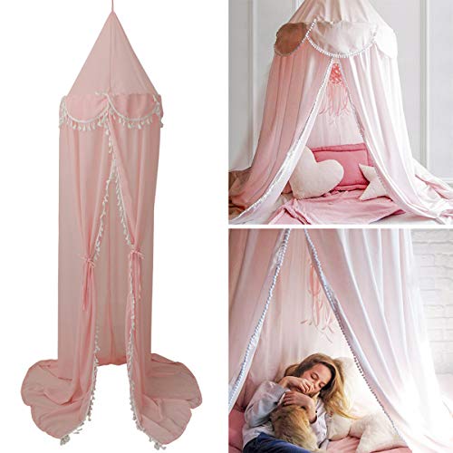 Haokaini Colchoneta de Cama con Volantes para Niños con Pompones Colgando Mosquitera para Juego de Cuna Carpa Guardería Sala de Juegos Decoración Navideña