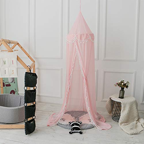 Haokaini Colchoneta de Cama con Volantes para Niños con Pompones Colgando Mosquitera para Juego de Cuna Carpa Guardería Sala de Juegos Decoración Navideña