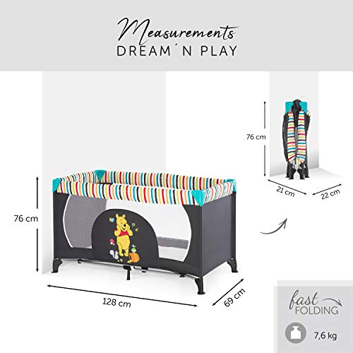 Hauck Dream N Play - Cuna de viaje 3 piezas 120 x 60 cm, bebe, incluido colchóncito y bolsa de transporte, de 0+ meses hasta 15 kg, plegado y montaje fácil, ligera y estable, pooh geo, multicolor