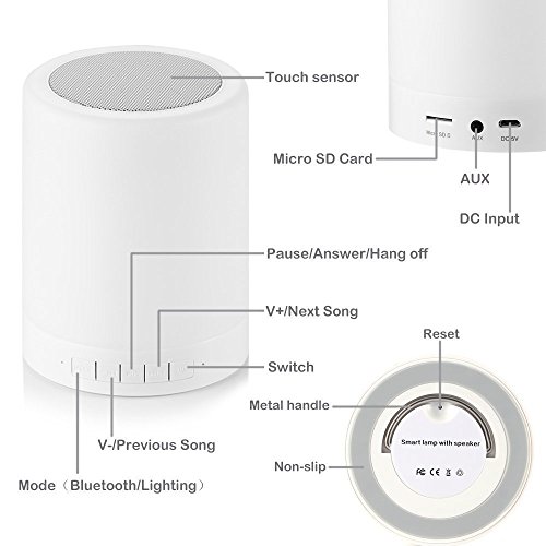 HF morning Lámpara LED de Mesa lamparas mesilla con altavoz Bluetooth Inalámbrico luz nocturna niños de color regulable Luz de Noche con control táctil Llamada de Manos Libres Bluetooth