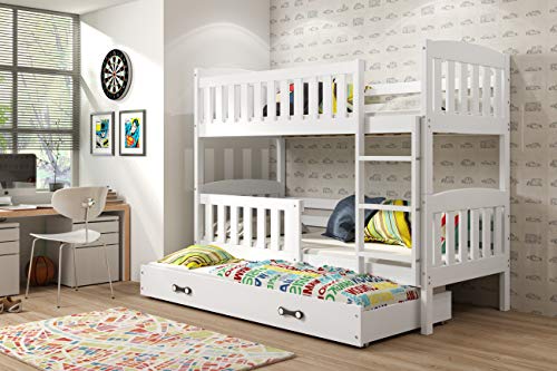 Interbeds Cama LITERA Triple Infantil Jacob,Color Blanco, 190 * 90, con somieres, colchones de Espuma y Las barreras de Seguridad Gratis