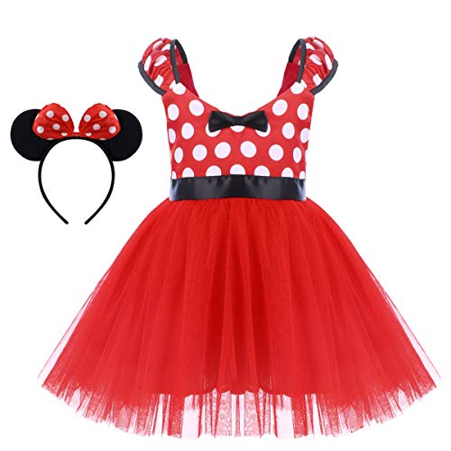 IWEMEK Princesa Disfraz de Minnie para Bebé Niña Navidad de los Lunares del Vestido del Tutú de Tul Cumpleaños Fantasía Infantiles Vestido Carnaval Bautizo Ballet Baile con Diadema 3-4 Años