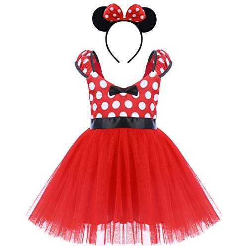 IWEMEK Princesa Disfraz de Minnie para Bebé Niña Navidad de los Lunares del Vestido del Tutú de Tul Cumpleaños Fantasía Infantiles Vestido Carnaval Bautizo Ballet Baile con Diadema 3-4 Años