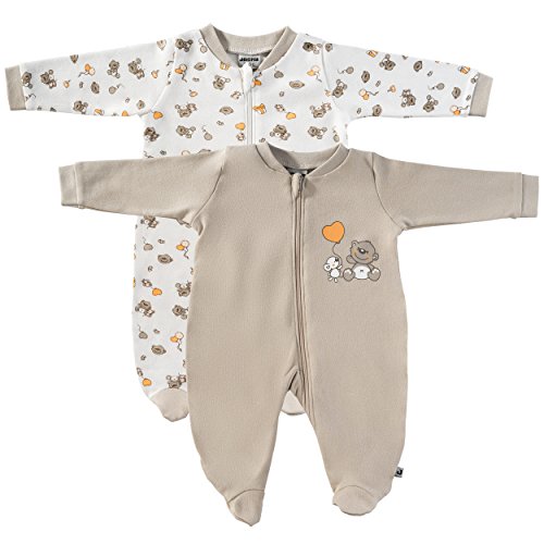 Jacky - Pijamas para bebé de manga larga con pies - 2 Ud. - 100% algodón / Certificado Oeko-Tex Standard 100 / Unisex / Color: beige / blanco con ositos