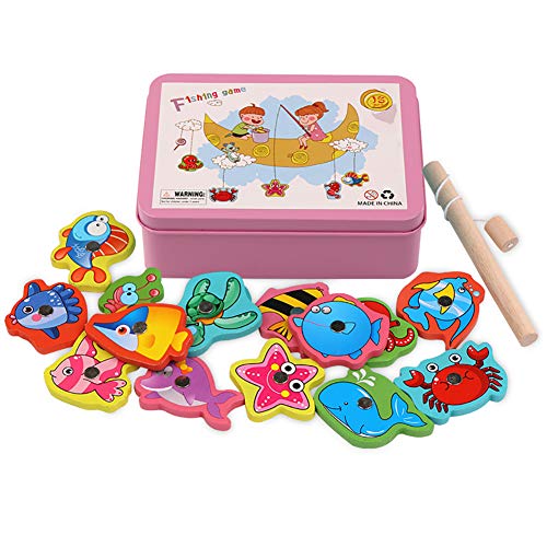 Jiacheng29_ Juego De Juguetes De Pesca De Madera Magnética para Niños, Peces Pequeños, Aprendizaje, Color, Mar, Animales Marinos, Edad 3 4 5, 6 Años Rosado